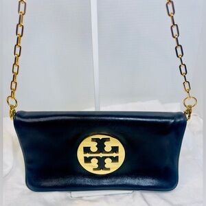 Tory Burch Black Leather Shoulder Bag with gold tone hardware
